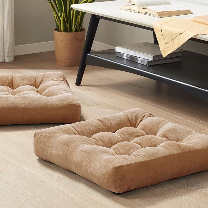 Meditation Floor Pillow Set of 2, Square Large Pillows Seating for Adults, Tufted Corduroy Cushion for Living Room Tatami, Coffee Brown 22x22 Inch