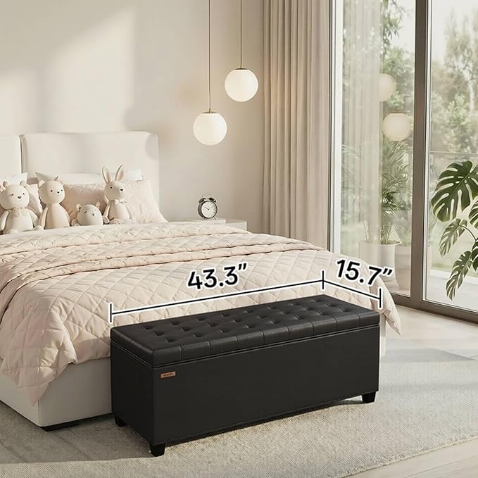 Synthetic leather Storage ottoman bench with legs,43.5”W x 15.7”D x 15.7”H,metal frame end of bed bench hold up to 770 LB,Large Storage Chest hold up to 770 LB,Black UASND622B