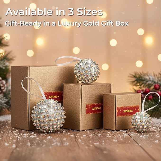 Iridescent Crystal Rhinestone Ball Ornaments, 4 Pack Handcrafted Sparkling Christmas Tree Decorations, Hanging Ornaments for Holiday & Home Décor in Luxury Gift Box