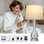 26" Silver Table Lamps Set of 2 for Living Room, Touch Control Bedside Lamp with USB Charging Ports, 3-Way Dimmable Brushed Nickel Bedroom Lamps for Nightstand (2 LED Bulbs Included)
