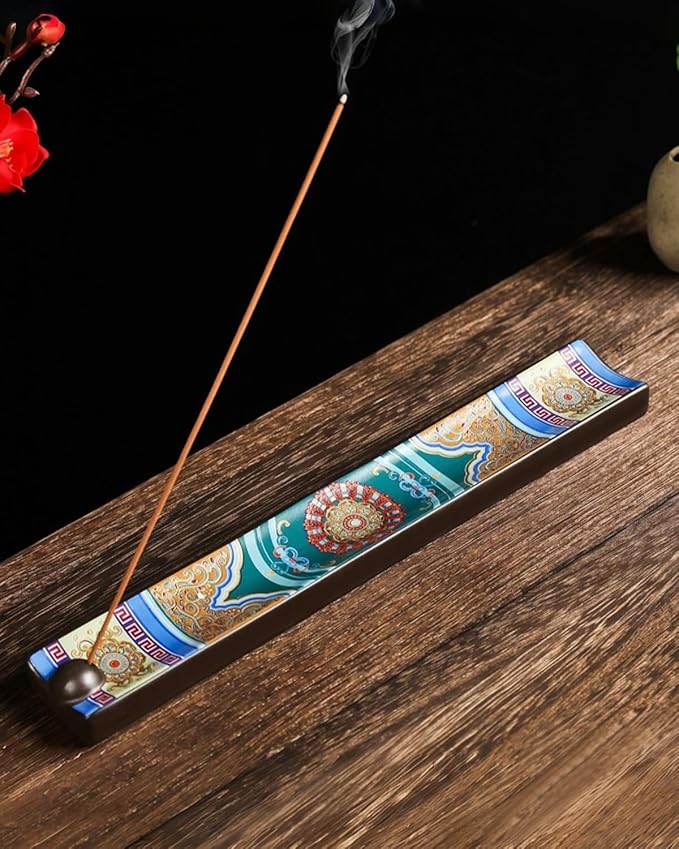 Japanese Incense Stick Holder with Ash Catcher - Ceramic Incense Burner with Traditional Ukiyo-e Art, for Zen Meditation, Home Decor & Gift