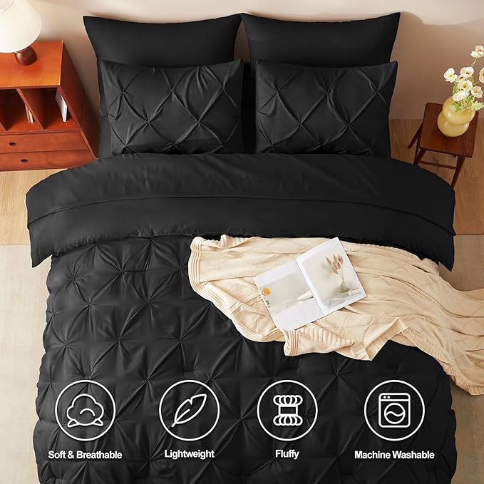 CozyLux Oversized Queen Comforter Sets Black, 7 Pieces Oversized Queen Pintuck Bed in A Bag, Pinch Pleat Bedding Sets with All Season Comforter, Flat Sheet, Fitted Sheet, Pillowcases & Shams