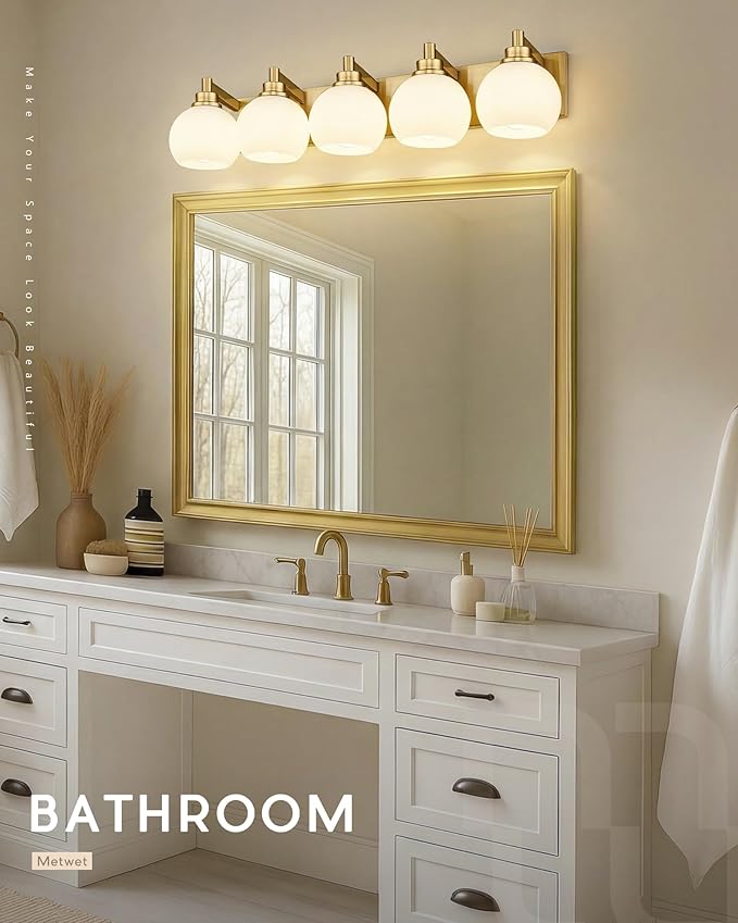 Bathroom Light Fixtures, 5-Light Brushed Gold Bathroom Vanity Lights Over Mirror with Globe Milk White Glass Shade, 32 Inch Modern Vanity Lighting Fixtures, VL195-BG-ML-5