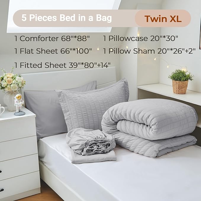 MUXHOMO 5 Pieces Twin Comforter Set, Seersucker Bed in a Bag Twin Size, All Season Luxury Bedding Set with Comforter, Flat Sheet, Fitted Sheet, Pillowcase & Sham, Light Grey