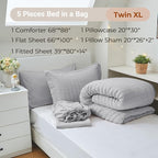 MUXHOMO 5 Pieces Twin Comforter Set, Seersucker Bed in a Bag Twin Size, All Season Luxury Bedding Set with Comforter, Flat Sheet, Fitted Sheet, Pillowcase & Sham, Light Grey