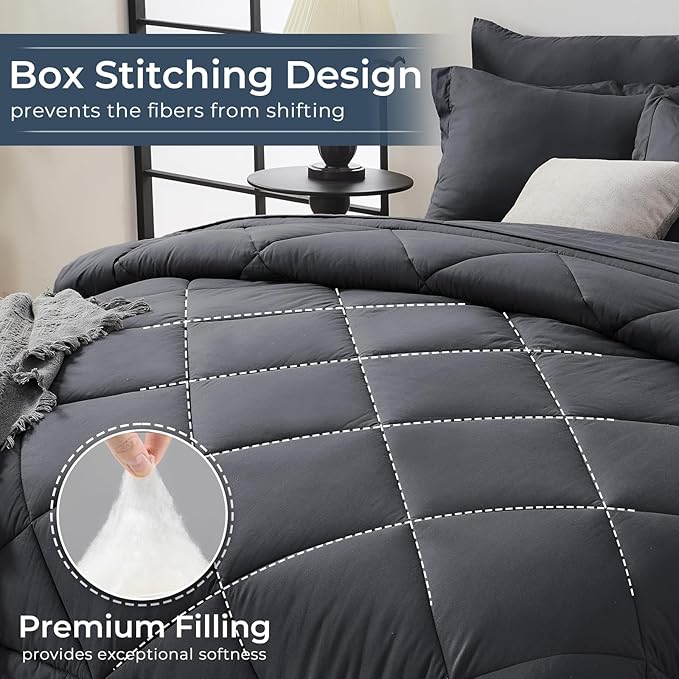 HEVUMYI 7 Pieces Queen Comforter Set, All Season Reversible Bed in a Bag, Ultra Soft Queen Bedding Set with Grey Comforter, Flat Sheet, Fitted Sheet, Pillowcases, Pillow Shams, Dark Grey