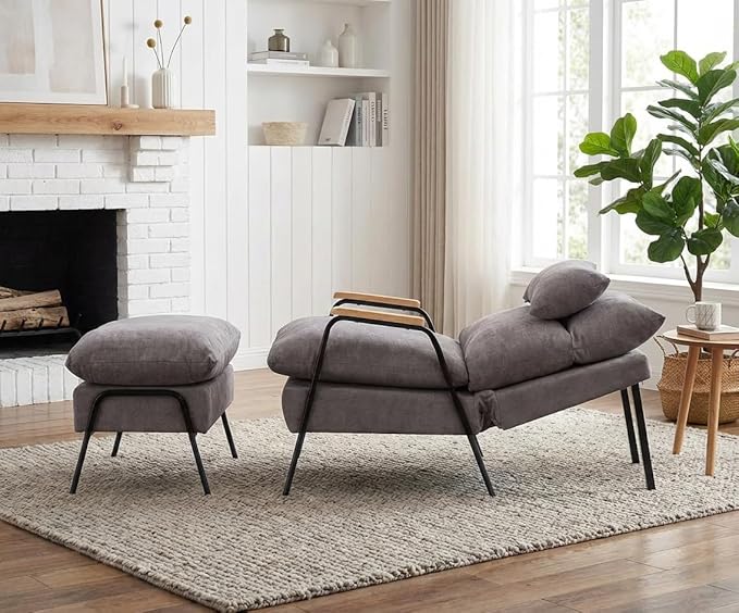 MCombo Accent Recliner Chair with Ottoman, Modern Fabric Armchair, Upholstered Sofa Bed for Living Room Bedroom, Small Space 4055 (Black Frame, Grey)
