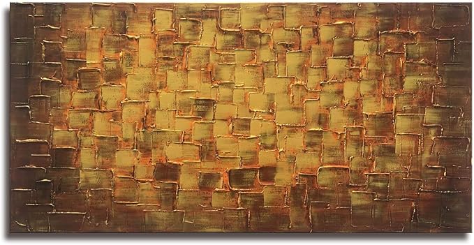 MyArton Textured Abstract Squares Canvas Wall Art Hand Painted Modern Golden Yellow Oil Painting Picture for Home Decoration Ready to Hang 40x20inch