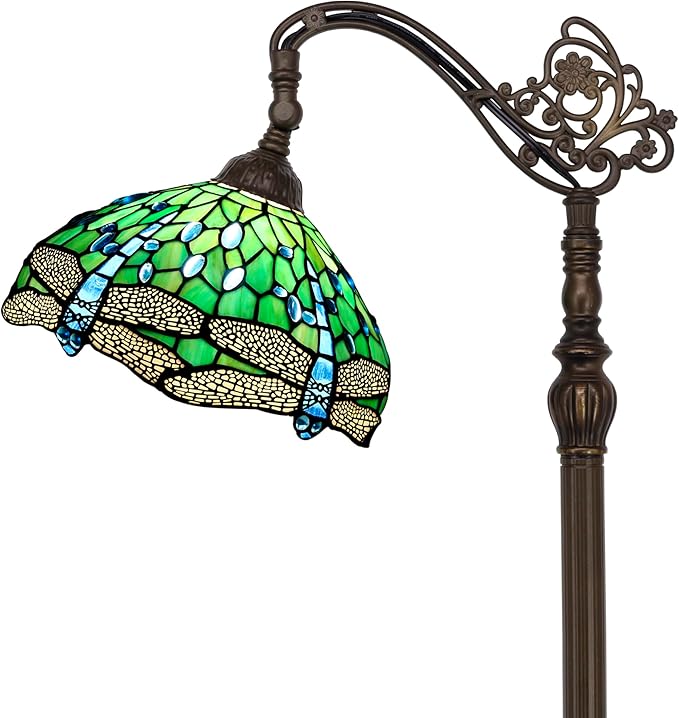 Tiffany Floor Lamp Stained Glass Lamp 18.88X12X67 Inch Angle Adjustable Arched Gooseneck Antique Reading Light (Green Dragonfly)