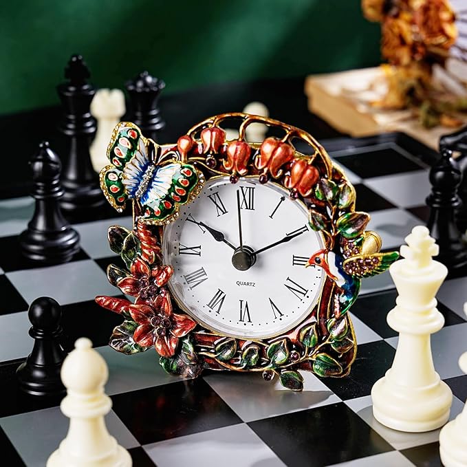 Mini Tabletop Clock, Decorative Vintage Floral Metal Table Clock with Battery Operated for Bedside, Table, Living Room, Home and Office