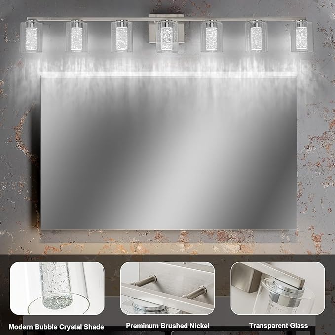 SineRise 7-Light Brushed Nickel Vanity With 3 Color Modes (3000K/4000K/6000K), Eye Protection LED Bathroom Fixture, Dimmable Modern Wall Light Over Mirror With Clear Glass Shade