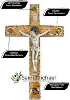 Olive Wood Wall Cross Silver Crucifix with Mother of Peral Design-Bethlehem Star on a Wooden Cross – Made in Bethlehem Holy Land The Place Where Jesus was Born by Christian Craftsmen.