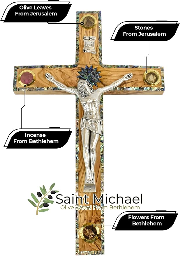 Olive Wood Wall Cross Silver Crucifix with Mother of Peral Design-Bethlehem Star on a Wooden Cross – Made in Bethlehem Holy Land The Place Where Jesus was Born by Christian Craftsmen.