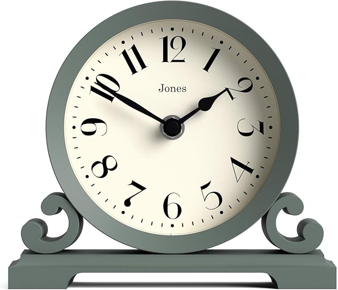 JONES CLOCKS® Saloon Mantel Clock | Traditional Double Scroll Design | Green | Contemporary Classic Style for Desk, Table, Shelf or Bedside