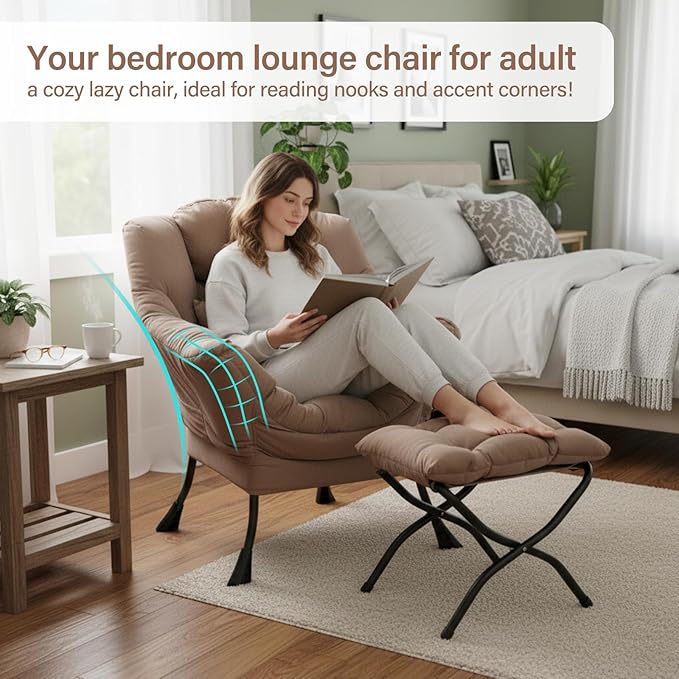 Lazy Chair with Ottoman, Modern Accent Chair with Lumbar Pillow, Velvet Khaki Sofa, Lounge Chairs with Folding Footrest, Oversized Supportive Chairs for Bedroom, Reading