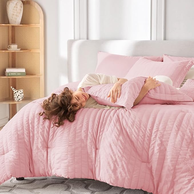 MUXHOMO 7 Pieces California King Comforter Set, Seersucker Bed in a Bag Cal King Size, All Season Luxury Bedding Set with Comforter, Flat Sheet, Fitted Sheet, Pillowcases & Shams, Pink