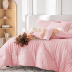 MUXHOMO 7 Pieces Queen Comforter Set, Seersucker Bed in a Bag Queen Size, All Season Luxury Bedding Set with Comforter, Flat Sheet, Fitted Sheet, Pillowcases & Shams, Pink