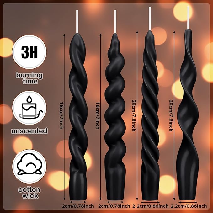 Nuanchu 4 Pcs 7.87 Inch Twisted Taper Candles Wax Unscented Smokeless Spiral Swirl Candlesticks for Wedding Holiday Dinner Party Home Decorations (Halloween Black)