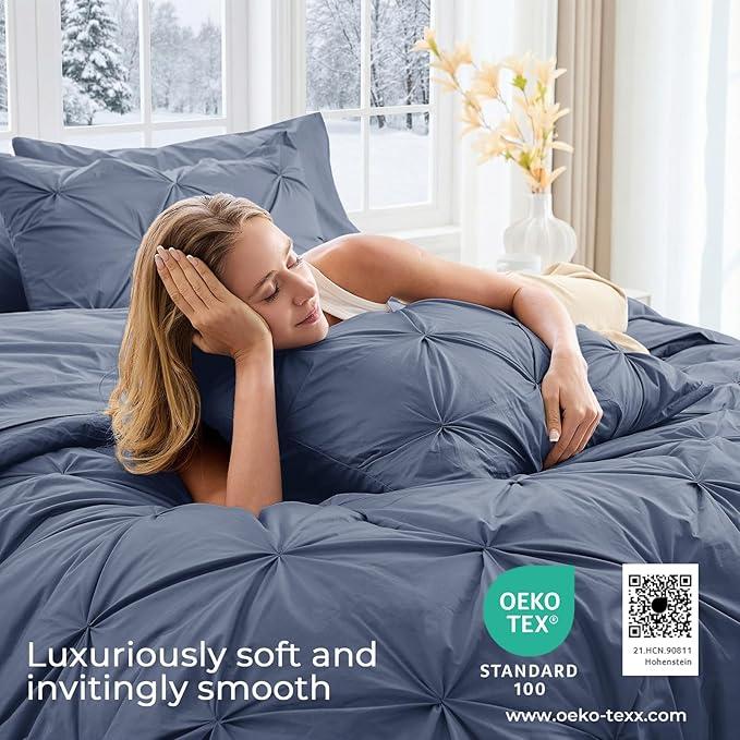 Sasttie Queen Comforter Set, 7-Piece Bed in a Bag, Pintuck Bedding Sets for All Season, Includes Comforter, Flat Sheet, Fitted Sheet, Pillowcases and Pillowshams, Indigo Blue