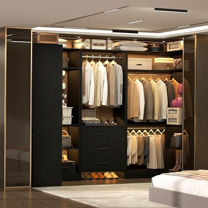 Aheaplus Closet System with 3 Drawers, 5 Hanging Rods & Corner Tower, Corner Closet System with Hanging, 88.8" U-Shaped Walk-In Wardrobe Organizer, 2000+ lbs Capacity, Set of 3, Black