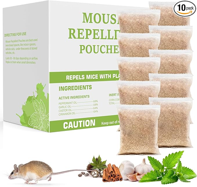 Pest Repellent Pouches, 10 Pack Peppermint Oil for Mice, Rodent, Mouse, Rats, Spider, Squirrel, Pest Control Indoor & Outdoor, Natural Mouse Deterrent Replace Traps Family & Pet Safe