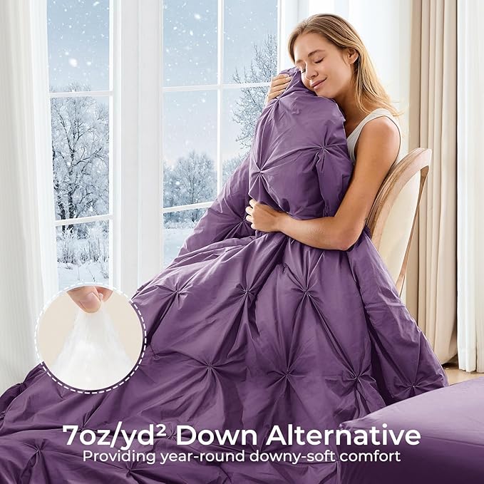 Sasttie Queen Comforter Set, 7-Piece Bed in a Bag, Pintuck Bedding Sets for All Season, Includes Comforter, Flat Sheet, Fitted Sheet, Pillowcases and Pillowshams, Grape Purple