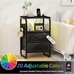 Nightstand with Light, LED End Table with Drawers and Charging Station Type C Port, Small Bedside Table with Hooks, Storage Dresser Side Table for Living Room, Bedroom, Dorm, Black