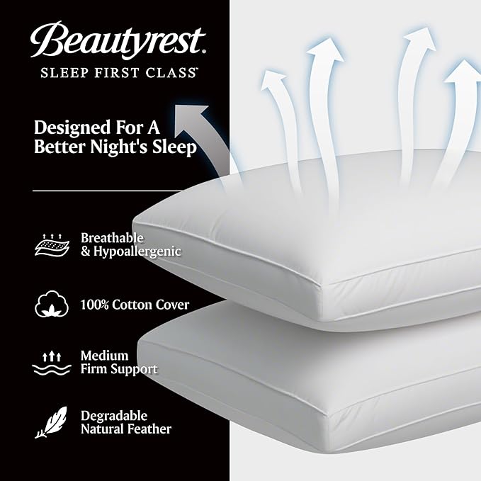 Beautyrest Goose Feather Down Fiber Gusseted Pillows, Hotel Pillow Luxury Bed Pillows, 100% Cotton Cover, King Size Set of 2