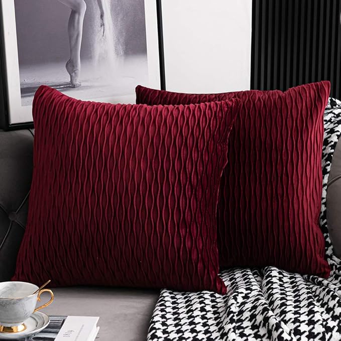 Wine Red Throw Pillow Covers: 2 Pack 22x22 Inch Original Striped Velvet Square Decorative Pillow Cases for Farmhouse Couch