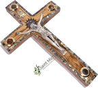 Olive Wood Wall Cross Silver Crucifix with Mother of Peral Design-Bethlehem Star on a Wooden Cross – Made in Bethlehem Holy Land The Place Where Jesus was Born by Christian Craftsmen.