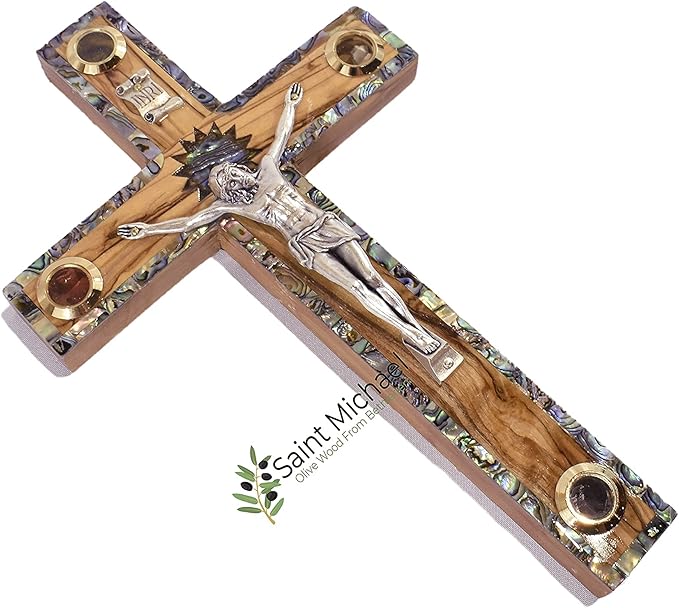 Olive Wood Wall Cross Silver Crucifix with Mother of Peral Design-Bethlehem Star on a Wooden Cross – Made in Bethlehem Holy Land The Place Where Jesus was Born by Christian Craftsmen.