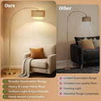 Gold Floor Lamps for Living Room, Arc Floor Lamp with Remote & Dimmable Bulb, Boho Standing lamp with 3 Color Temperatures, Adjustable Rattan & Fabric Shades Tall Lamp, Over Couch Reading Lamp