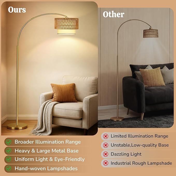 Gold Floor Lamps for Living Room, Arc Floor Lamp with Remote & Dimmable Bulb, Boho Standing lamp with 3 Color Temperatures, Adjustable Rattan & Fabric Shades Tall Lamp, Over Couch Reading Lamp