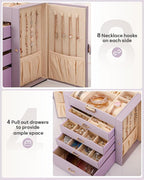 Homde Valentine's Day Gifts Synthetic Leather Huge Jewelry Box Mirrored Watch Organizer Necklace Ring Earring Storage Lockable Gift Case (Grey Purple + Gold)