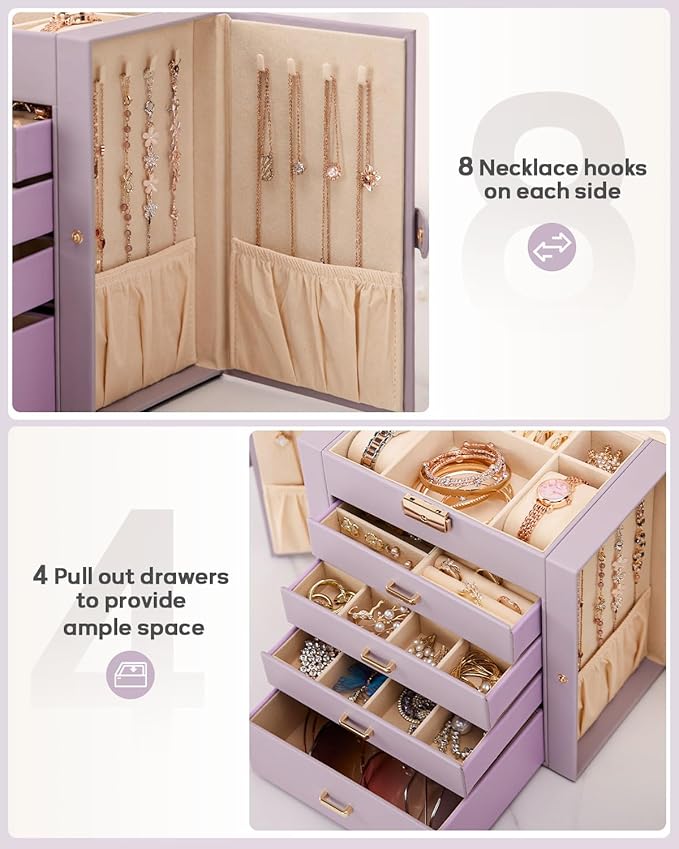 Homde Valentine's Day Gifts Synthetic Leather Huge Jewelry Box Mirrored Watch Organizer Necklace Ring Earring Storage Lockable Gift Case (Grey Purple + Gold)