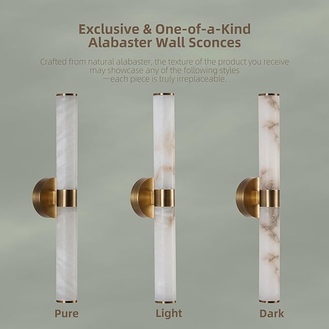 23.8in Alabaster Wall Sconce, Gold Sconces with Spanish Marble, Modern Brass Wall Mounted Lamp, Hardwired LED Wall Lighting for Bathroom Bedroom Living Room Staircase Hallway Dining Room