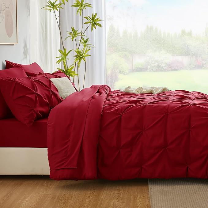 CozyLux King Size Comforter Set Dark Red, 7 Pieces Pintuck Bed in A Bag Red Comforter King Size, Pinch Pleat Bedding Set with All Season Comforter, Sheets, Pillowcases & Shams