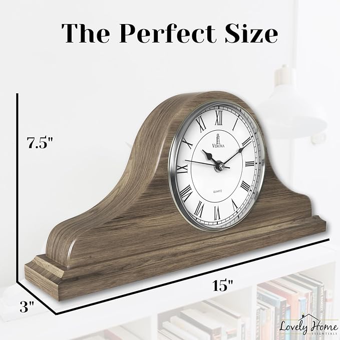 Mantel Clock Battery Operated - Grey Ash Wooden Farmhouse Mantle Clock for Living Room Decor Above Fireplace, Office, Shelf & Home Décor Gift 15x7.5 - Silent Wood Mantel Clock for Living Room Table