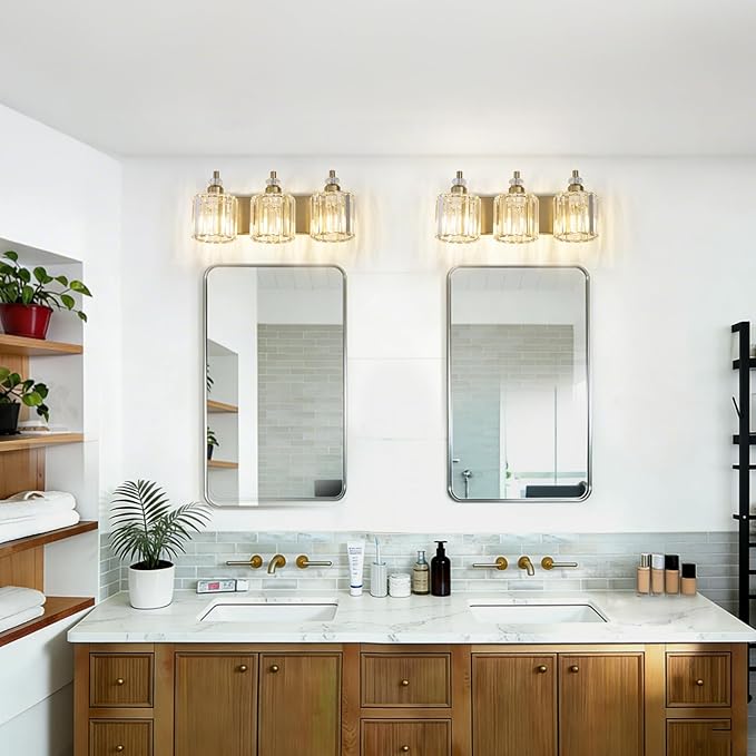 3-Light Modern Gold Bathroom Vanity Lights Brushed Brass Lighting Fixtures Over Mirror, Bathroom Vanity Lighting with Crystal Shade Wall Sconce E26 Base for Bedroom Livingroom Restroom Wall Lamp