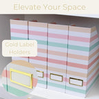 BLU MONACO | Cardboard Magazine File Holder Set of 4 | Vertical Magazine File Holder with Gold Label Slots | Standing File Holder and Cardboard Bins for Shelves Desk Classroom