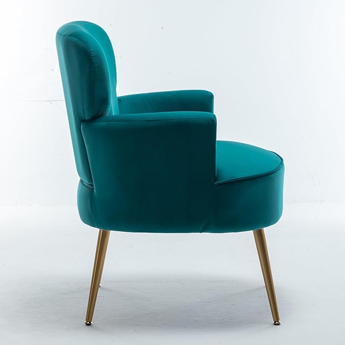Trendy Velvet Accent Chair with Gold Metal Legs, Upholstered Armchair for Small to Mid-Size Spaces, Modern Living Room, Bedroom, Vanity Desk and Entryway, Greenish Blue