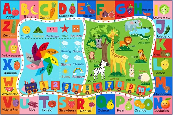 Kids Rug for Playroom, 6x9 ABC Educational Carpet for Classroom, Fun Alphabet Area Rugs for Learn Numbers Colors Animal Weather and Shapes Playmat for Girls Boys Room Nursery Decor