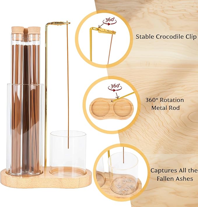 Incense Holder with Ash Catcher,2 in 1 Incense Burner for Sticks,Wooden Anti-ash Incense Stand Set with 3 Acrylic Tubes Birthday Gift for Women Mother Girl Friend Meditation Yoga Spa Home Office