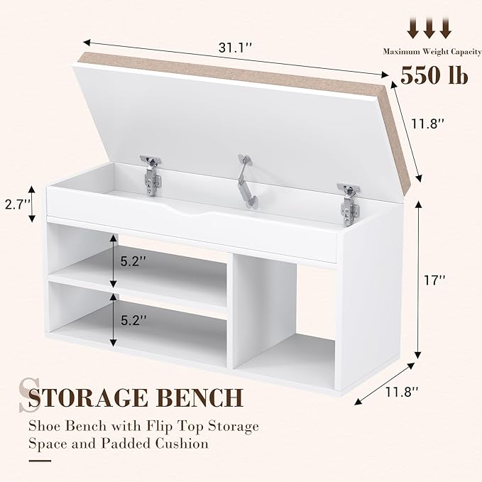 Apicizon 31 Inches Storage Bench, Shoe Bench with Flip Top Storage Space and Padded Cushion, Wooden Entryway Bench for Entryway, Living Room, 2-Tier Shoe Rack Organizer, White