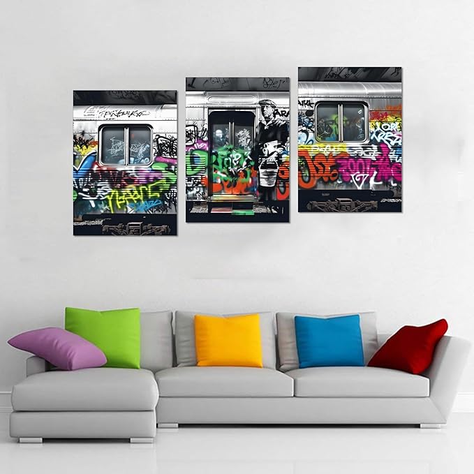 Novatique Banksy Wall Art Street Graffiti Wall Art Abstract Graffiti Painting Art Modern Pop Picture Canvas Print Framed Classic Street Painting for Living Room Home Decor, 20”x 28”x 3Pcs