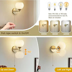 Gold Wall Sconce, mid Century Modern Sconce with Hand Pull Switch Indoor Wall Sconce for Bedroom Bedside Bathroom Kitchen Vanity Hallway Wall Mounted Light Fixture
