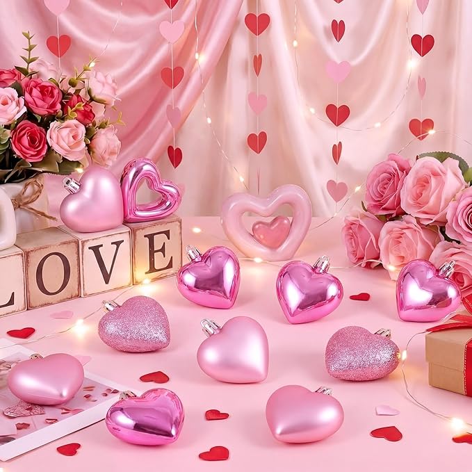 XmasExp Valentines Day Decor Heart Ornaments for Christmas Tree Decorations Set of 24 Pink Heart Shaped Bauble Perfect for Valentine's Day Wedding Anniversaries and Party Supplies（Pink）