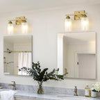 Stainless Steel Bathroom Vanity Light Over Mirror, 2 Light Brushed Gold Bathroom Light Fixtures with Milk Glass and Clear Glass Shades, Modern Vanity Lighting Wall Mount