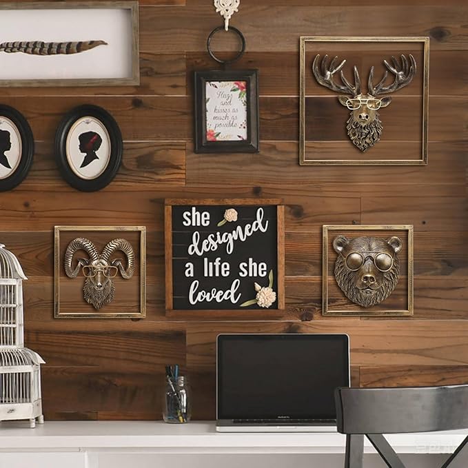 JJALIGHTS Animal Heads Wall Decor Resin Animals Sculptures Head Wall Hanging Decoration Imitation Copper vintage Wall Sculpture for Living Room Bedroom Office(Bighorn,Includes Metal Frame)