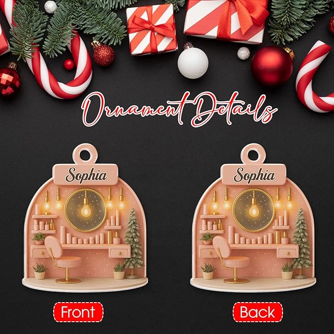 Personalized Pink Makeup Christmas Ornament 2025, Custom Acrylic Hanging Decoration, for Teen Girl, Beauty Artist Keepsake, Makeup Christmas Tree Ornament